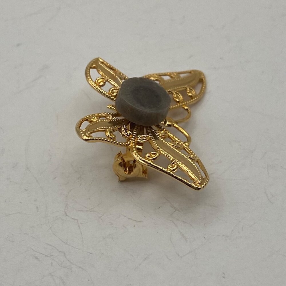 Vtg Petoskey Stone Butterfly Brooch Filigree Gold Tone Pin Box Michigan Fossil - Picture 10 of 10